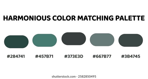 This harmonious color palette blends deep cyan tones with rich greens and greys for a balanced, natural aesthetic. dark teal, muted aqua, greyish cyan, soft sage, slate grey. 186.