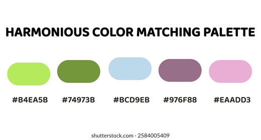 This harmonious color palette blends soft blue tones with vibrant greens and pinks for a balanced and refreshing aesthetic. lime green, olive green, greyish blue, muted pink, soft rose. 194.