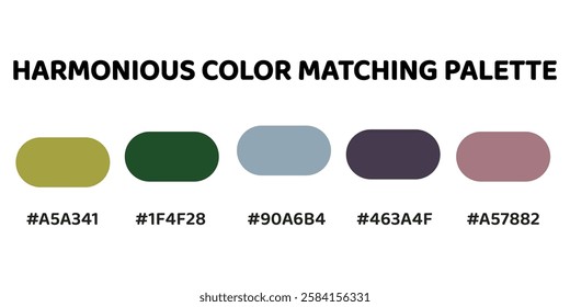 This harmonious color palette blends warm, earthy tones with soft greys for a balanced and natural aesthetic. mustard yellow, deep green, greyish blue, muted plum, soft pink. 202.