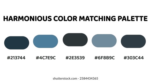 This harmonious color palette blends deep blue tones with rich greys for a balanced and natural aesthetic. dark navy, vibrant blue, charcoal grey, soft grey, slate blue. Enhance harmonious vibe. 205.