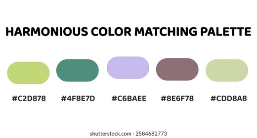 This harmonious color palette blends soft magenta with earthy greens and muted tones for a balanced and natural aesthetic. light lime, teal green, pale lilac, soft grey, muted yellow. 213.