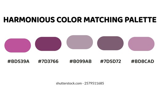 This harmonious color palette combines vibrant pink, magenta, lavender, mauve. It offers a playful yet elegant aesthetic, ideal for creative and feminine designs. Perfect for fashion, beauty. 132.