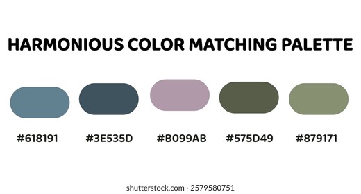 This harmonious color palette combines muted and natural tones for a balanced and sophisticated look. soft blue, deep teal, dusty pink, dark grey, olive green. introduce earthy elegance. 134.