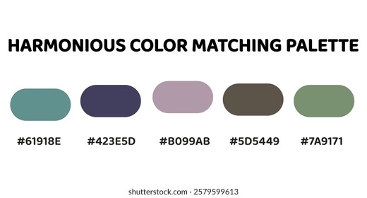 This harmonious color palette combines cool and earthy tones for a balanced and sophisticated look. soft teal, deep indigo, dusty pink, muted grey, olive green. Enhance the natural. 136.