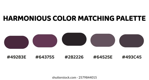 This harmonious color palette combines deep and muted tones for a rich, sophisticated look. plum, mauve, charcoal grey, soft lavender, muted grey. Ideal for bold and refined designs.  139.