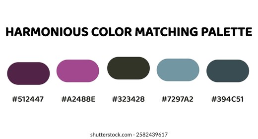 This harmonious color palette combines bold and muted tones for a dynamic yet balanced aesthetic. deep plum, vibrant magenta, charcoal grey, soft teal, muted slate. Introduce a calming. 170.