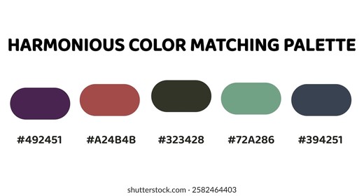 This harmonious color palette combines deep, rich tones with vibrant contrasts for a bold yet balanced aesthetic. plum, deep red, charcoal grey, muted green, slate blue. Introduce a calming. 172.