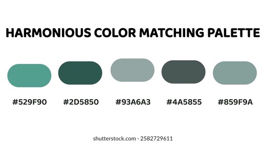 This harmonious color palette combines soft cyan tones with deep greens and greys for a balanced, natural aesthetic. muted teal, dark forest green, greyish cyan, charcoal grey, soft sage. 181.