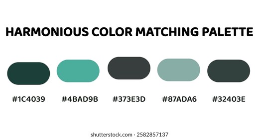 This harmonious color palette combines deep cyan tones with rich greens and greys for a balanced, natural aesthetic. dark teal, vibrant aqua, greyish cyan, soft mint, slate grey. 187.