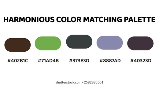 This harmonious color palette combines deep cyan tones with warm, earthy hues for a balanced and natural aesthetic. dark brown, vibrant green, charcoal grey, soft lavender, slate grey. 190.