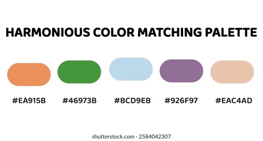 This harmonious color palette combines soft blue tones with warm, earthy hues for a balanced and natural aesthetic. muted orange, vibrant green, greyish blue, muted plum, soft peach. 195.