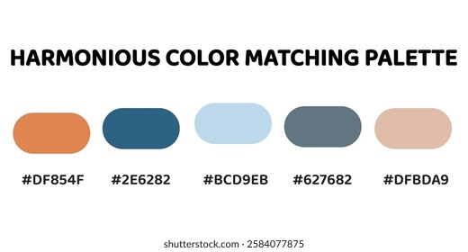 This harmonious color palette combines warm and cool tones for a balanced and natural aesthetic. muted orange, deep blue, pale blue, soft grey, muted pink. Perfect for modern or creative designs. 197.