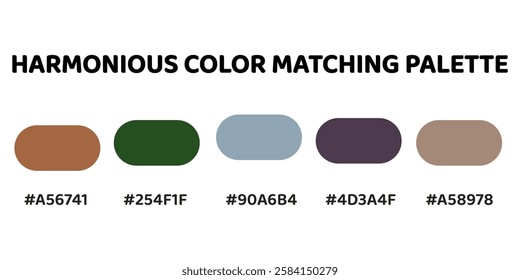 This harmonious color palette combines warm, earthy tones with soft greys for a balanced and natural aesthetic. terracotta, deep green, greyish blue, muted plum, soft beige. 201.