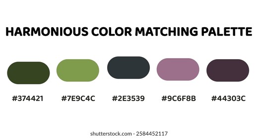 This harmonious color palette combines earthy greens with soft greys and muted tones for a balanced and natural aesthetic. olive green, muted lime, charcoal grey, soft lavender, muted plum. 206.