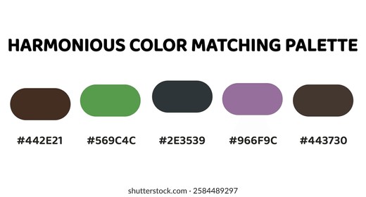 This harmonious color palette combines natural tones create a grounded, organic aesthetic, while the subtle purple adds gentle contrast. earthy browns, muted green, deep charcoal, soft lavender. 207.