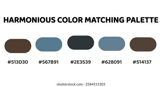 This harmonious color palette combines warm, earthy tones with soft blues and greys for a balanced, natural aesthetic. muted brown, deep blue, charcoal grey, soft grey, warm brown. 209.