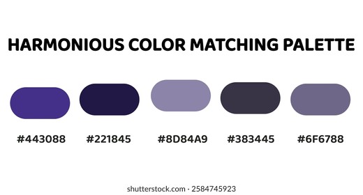 This harmonious color palette combines deep magenta tones with soft greys for a balanced and natural aesthetic. vibrant purple, dark navy, greyish purple, charcoal grey, muted purple. 216.