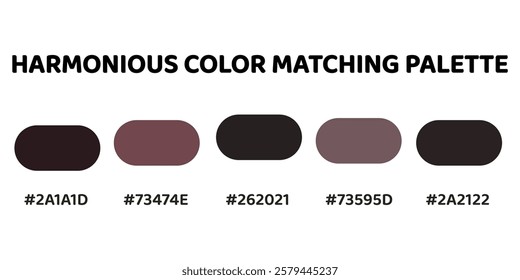 This harmonious color palette features deep. It creates a bold, dramatic aesthetic, perfect for high-impact designs. Ideal for luxury branding. deep red, dark neutrals, muted purple. 127.