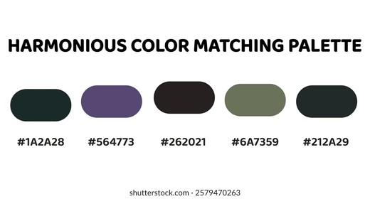 This harmonious color palette features deep. It creates a sophisticated, earthy aesthetic, ideal for modern and nature-inspired designs. teal, purple, charcoal, olive. 129.