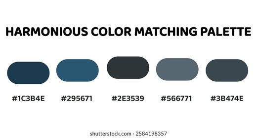 This harmonious color palette features deep blue tones with rich greys for a balanced and natural aesthetic. dark navy, muted blue, charcoal grey, soft grey, slate blue. Enhance harmonious vibe. 204.