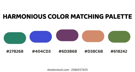 This harmonious color palette features a blend of nature-inspired and vibrant hues. deep teal, rich magenta, muted lavender, warm peach, earthy green. 256.