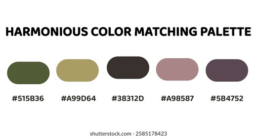 This harmonious color palette ideal for creating a rich, harmonious design with a blend of earthy and sophisticated tones. olive green, golden beige, dark charcoal, muted pink, deep plum. 240.