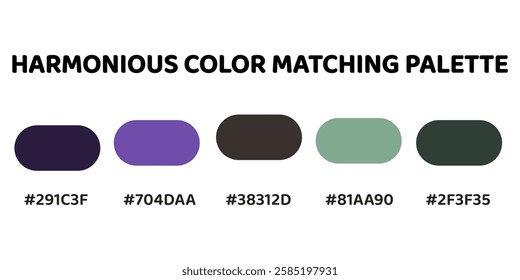 This harmonious color palette ideal for creating a bold, harmonious design with a mix of rich, cool tones and earthy accents. deep purple, vibrant violet, dark charcoal, soft mint, dark green. 242.