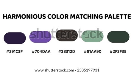 This harmonious color palette ideal for creating a bold, harmonious design with a mix of rich, cool tones and earthy accents. deep purple, vibrant violet, dark charcoal, soft mint, dark green. 242.