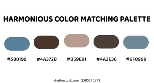 This harmonious color palette perfect for creating a harmonious, calming design with a mix of cool and warm, neutral tones. soft blue, warm brown, light grey, dark taupe, muted blue-grey. 239.