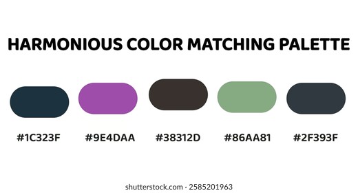 This harmonious color palette perfect for creating a striking, harmonious design with a blend of bold and earthy tones. deep teal, vibrant magenta, dark charcoal, soft green, slate blue. 243.