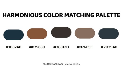 This harmonious color palette perfect for creating a harmonious, sophisticated design with a blend of cool and warm, earthy tones. deep blue, warm brown, dark charcoal, muted taupe, slate grey. 245.