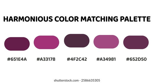 This harmonious color palette perfect for luxurious and sophisticated visual projects. deep burgundy, vibrant magenta, muted mauve, soft pink, earthy green. 259.