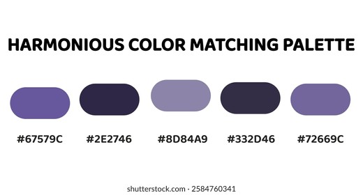 This harmonious palette blends deep purples and greys for a balanced, elegant aesthetic. vibrant purple, dark navy, greyish purple, charcoal grey, muted purple. Ideal for modern designs. 217.