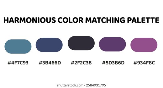 This harmonious palette blends deep blues and purples with rich greys for a balanced, elegant aesthetic. teal, navy, charcoal grey, muted plum, magenta. Harmonious vibe. 222.