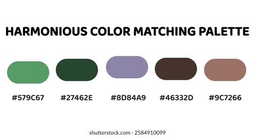 This harmonious palette blends earthy greens and muted purples for a balanced, natural aesthetic. vibrant green, dark green, greyish purple, muted brown, soft terracotta. 218.