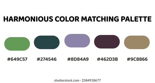 This harmonious palette blends earthy greens and muted purples for a balanced, natural aesthetic. vibrant green, teal, greyish purple, muted plum, soft beige. Perfect for rustic designs . 220.