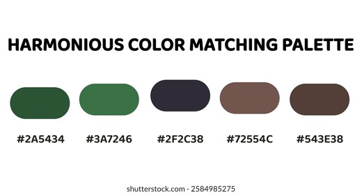 This harmonious palette blends earthy greens and muted tones for a balanced, natural aesthetic. dark green, vibrant green, charcoal grey, muted brown, soft terracotta. Ideal for rustic designs. 224.