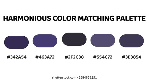 This harmonious palette combines deep purples and greys for a balanced, elegant aesthetic. dark purple, vibrant purple, charcoal grey, muted plum, slate purple. Ideal for professional designs. 223.