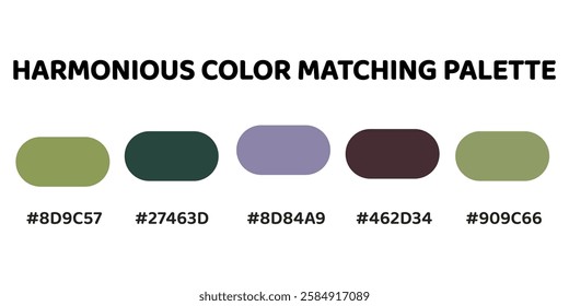 This harmonious palette combines earthy greens and muted purples for a balanced, natural aesthetic. olive green, teal, greyish purple, muted plum, soft green. Organic vibe. 219.