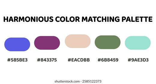 This harmonious palette combines vibrant blues and purples with earthy greens for a balanced, natural aesthetic. vibrant blue, deep magenta, pale beige, muted green, soft teal. 232.