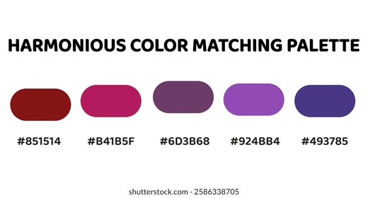 This harmonious palette features deep, muted magenta and burgundy tones for a rich, sophisticated aesthetic. dark red, deep magenta, muted purple, vibrant purple, navy blue. 252.