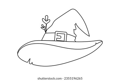 Dieser Hut ist für ein Halloween-Outfit einer Hexe. Ein Kegel-Hut ist ein Hut, der wie ein Kegel geformt ist. Linearer Stil.