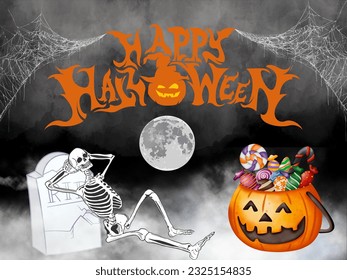 This haunting design features a skeleton leaning against a RIP stone with a pumpkin filled with candies, under the moonlight with mist and spiderwebs. Embrace the spooky atmosphere with this chilling 