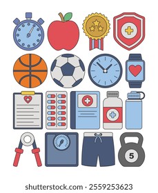 This is a Health and Fitness Element Illustration set. It includes sports, wellness, and healthcare icons like stopwatch, dumbbell, and gym gear. Perfect for fitness themed designs or projects