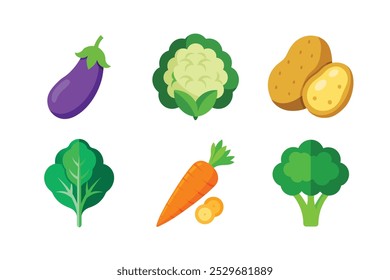 Este Paquete de verduras saludables presenta ilustraciones de alta calidad de verduras populares, que incluyen papa, zanahoria, berenjena, coliflor, brócoli y espinacas. Cada verdura se renueva cuidadosamente para