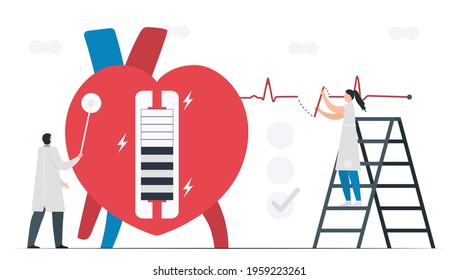 This heart disease problem is bradycardia arrhythmia. Diagnostic and analysis shows that periodic signal is slow impulse response around sinus node. Cardiology vector illustration. 