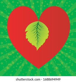 This is a heart which is in red color and the background behind it is green. There is also a leaf in the heart.