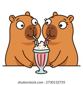 Esta Ilustración vectorial digital adorable y conmovedora muestra a un par de personajes de dibujos animados de capibara marrón lindo que disfrutan de una cita romántica mientras comparten un delicioso batido de un solo vaso alto con dos pajitas separadas. El estilo artístico se caracteriza por contornos claros y audaces y una paleta de colores cálidos y suaves, lo que hace que estos encantadores marsupiales parezcan increíblemente amigables y expresivos mientras se miran con ojos anchos y sonrisas suaves, simbolizando un profundo afecto, verdadera amistad y unión. En el centro de la composición se encuentra un vaso de helado alto lleno de un batido de fresa rosa o malteada, rematado con un generoso remolino de crema batida blanca y coloridas gotas decorativas, con una pajita azul claro y una rosa. Esta obra de arte de alta calidad se adapta perfectamente a una amplia gama de aplicaciones creativas que incluyen pegatinas de redes sociales, emojis de App móviles, tarjetas de felicitación románticas para el Día de San Valentín o ilustraciones de blog sobre citas y relaciones. El enfoque minimalista y el fondo blanco aislado brindan la máxima flexibilidad para que los diseñadores gráficos profesionales y los creadores de contenido incorporen sin problemas este encantador dúo en Anuncios de Sitio web, diseños publicitarios o productos de Impresión a la carta como ropa y papelería. Cada detalle, desde las orejas redondeadas y las diminutas patas de los capibaras hasta los reflejos brillantes en el vaso de postre, se ha elaborado meticulosamente para garantizar una estética pulida y comercial que se destaca en los Resultados de búsqueda. Como los capibaras siguen siendo un animal de moda conocido por su naturaleza fría y pacífica, esta ilustración combina su popularidad con temas universales de compartir, amor y dulces, lo que lo convierte en un activo valioso para las marcas que se centran en la felicidad, la hospitalidad y las tendencias de estilo de vida moderno. Este alegre diseño de mascota comunica eficazmente las emociones positivas y una sensación de calma y alegría, atrayendo a diversas audiencias globales que buscan imágenes conceptuales de alta calidad que equilibren la simplicidad con una profunda resonancia emocional y visual 