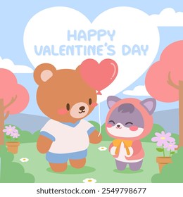 This heartwarming Valentine’s Day illustration features a kawaii bear holding a heart shaped balloon and a cat in a cozy pink hoodie exchanging smiles in a lush, pastel colored garden.