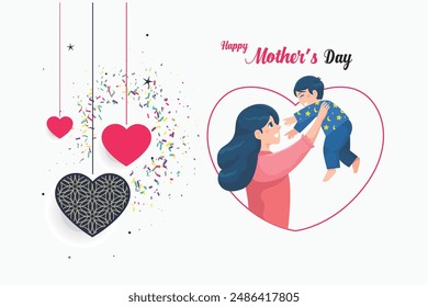 "This heartwarming illustration celebrates Mother's Day with a depiction of a mother lovingly holding her child within a heart-shaped frame. Surrounding them are delicate hearts and confetti, creating